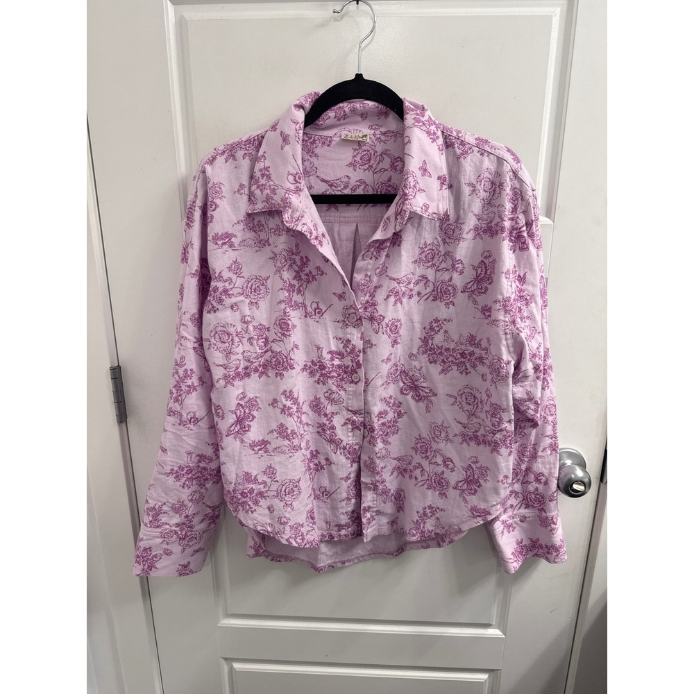 Free People Floral Print Button-Down Shirt - Pink XS Oversized